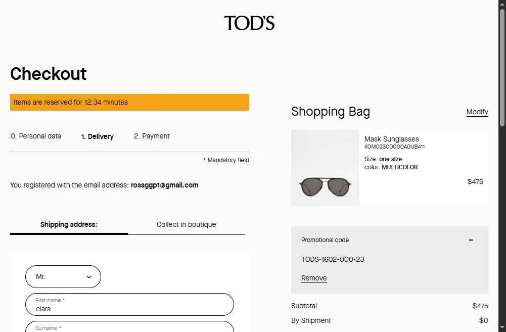 Tod's checkout page showing Tod's promo code box | Screenshot taken by SimplyCodes community member on Nov 8, 2025