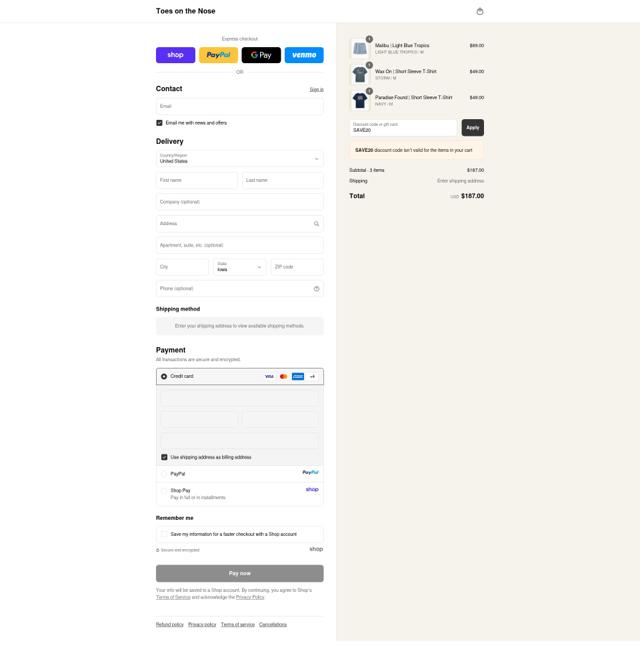 Toes on the Nose checkout page showing Toes on the Nose discount code box | Screenshot taken by SimplyCodes community member on Sep 14, 2025