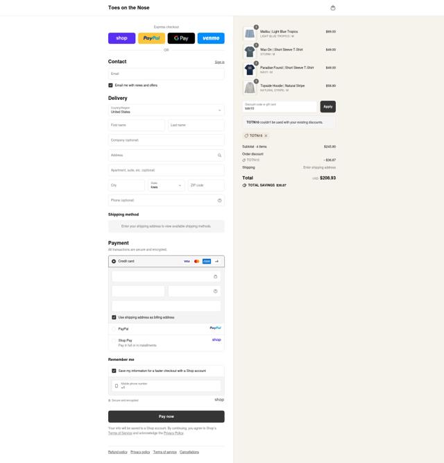 Toes on the Nose checkout page showing Toes on the Nose discount code box | Screenshot taken by SimplyCodes community member on Sep 10, 2025
