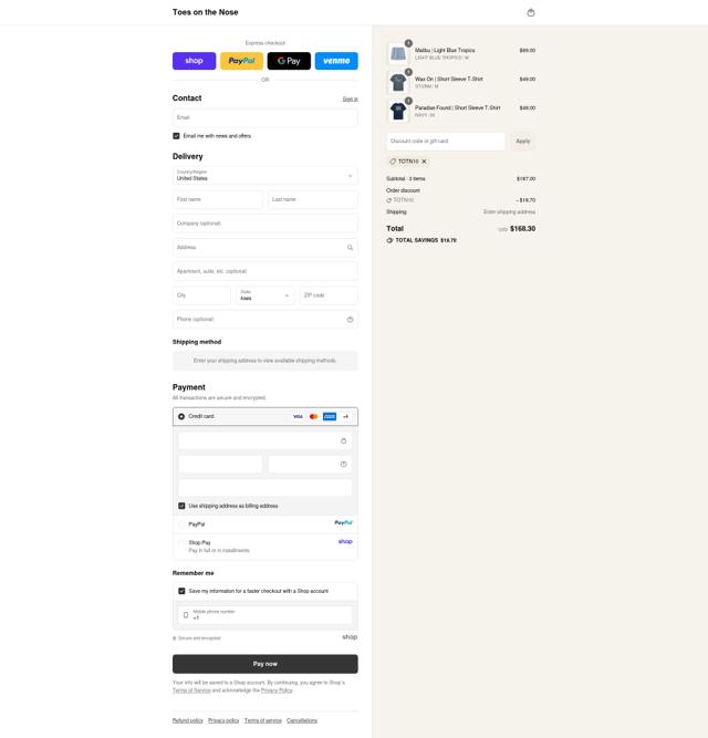 Toes on the Nose checkout page showing Toes on the Nose discount code box | Screenshot taken by SimplyCodes community member on Sep 14, 2025