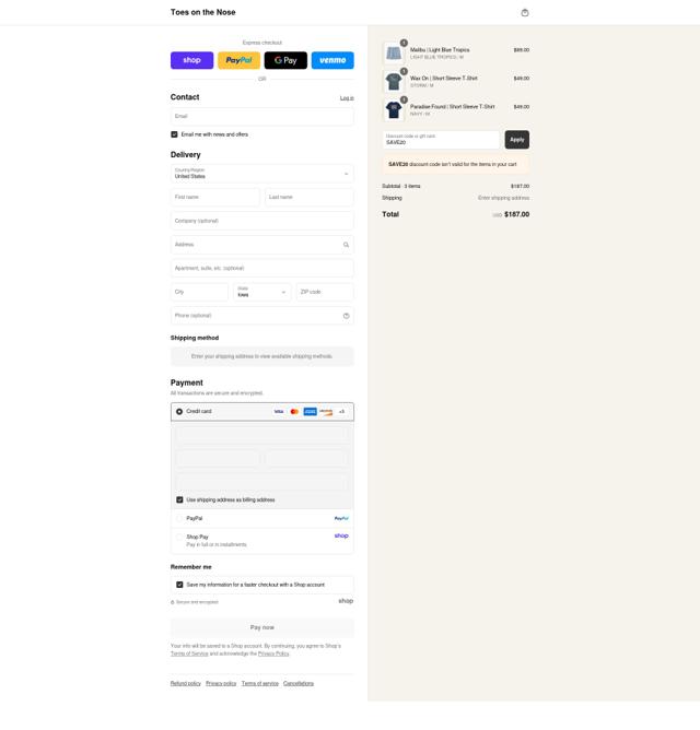 Toes on the Nose checkout page showing Toes on the Nose discount code box | Screenshot taken by SimplyCodes community member on Sep 6, 2025