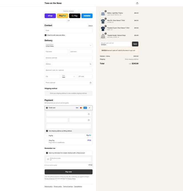 Toes on the Nose checkout page showing Toes on the Nose discount code box | Screenshot taken by SimplyCodes community member on Sep 10, 2025