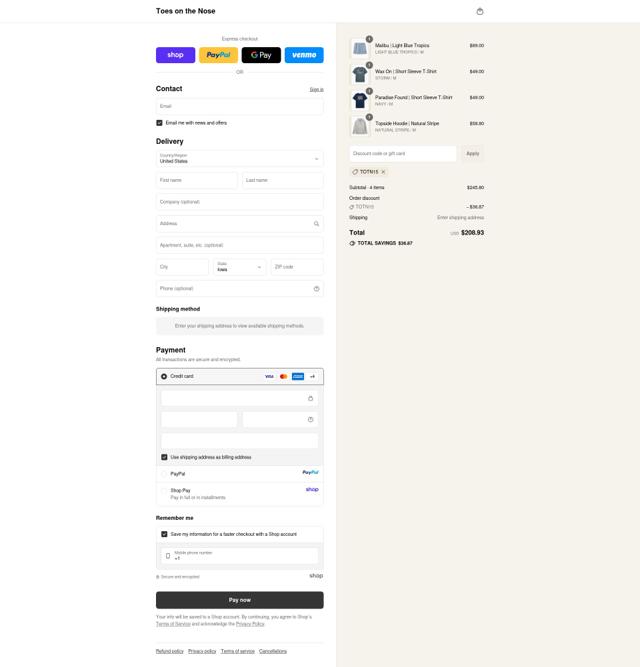 Toes on the Nose checkout page showing Toes on the Nose discount code box | Screenshot taken by SimplyCodes community member on Sep 10, 2025