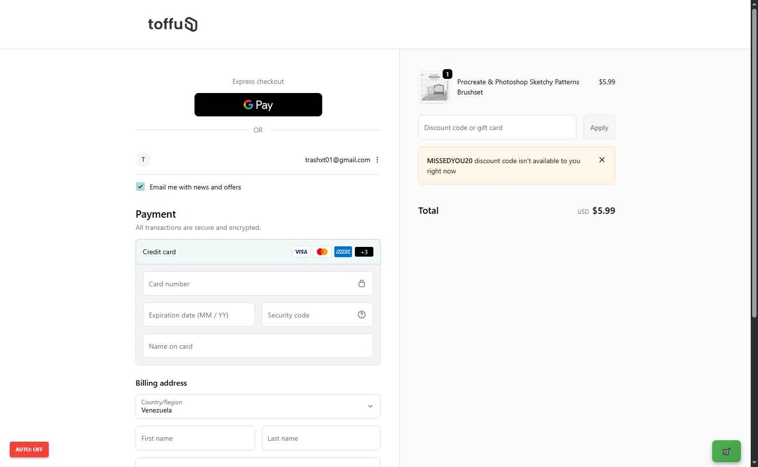 Toffu Co checkout page showing Toffu Co promo code box | Screenshot taken by SimplyCodes community member on Jan 18, 2026