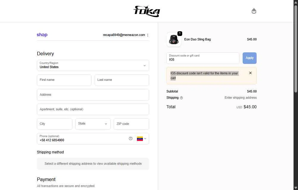 Toka checkout page showing Toka discount code box | Screenshot taken by SimplyCodes community member on Nov 13, 2025