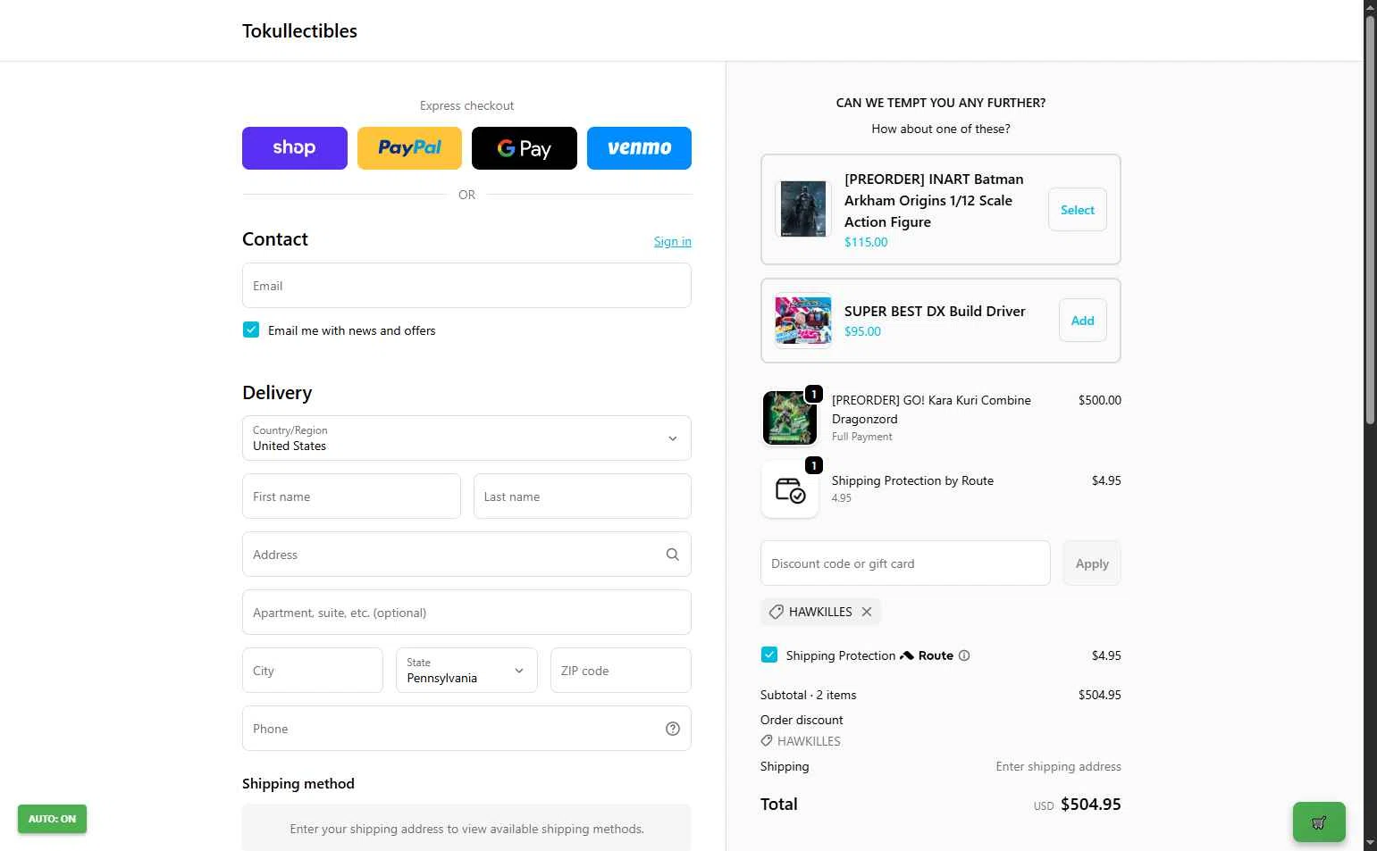 Tokullectibles checkout page showing Tokullectibles discount code box | Screenshot taken by SimplyCodes community member on Dec 13, 2025