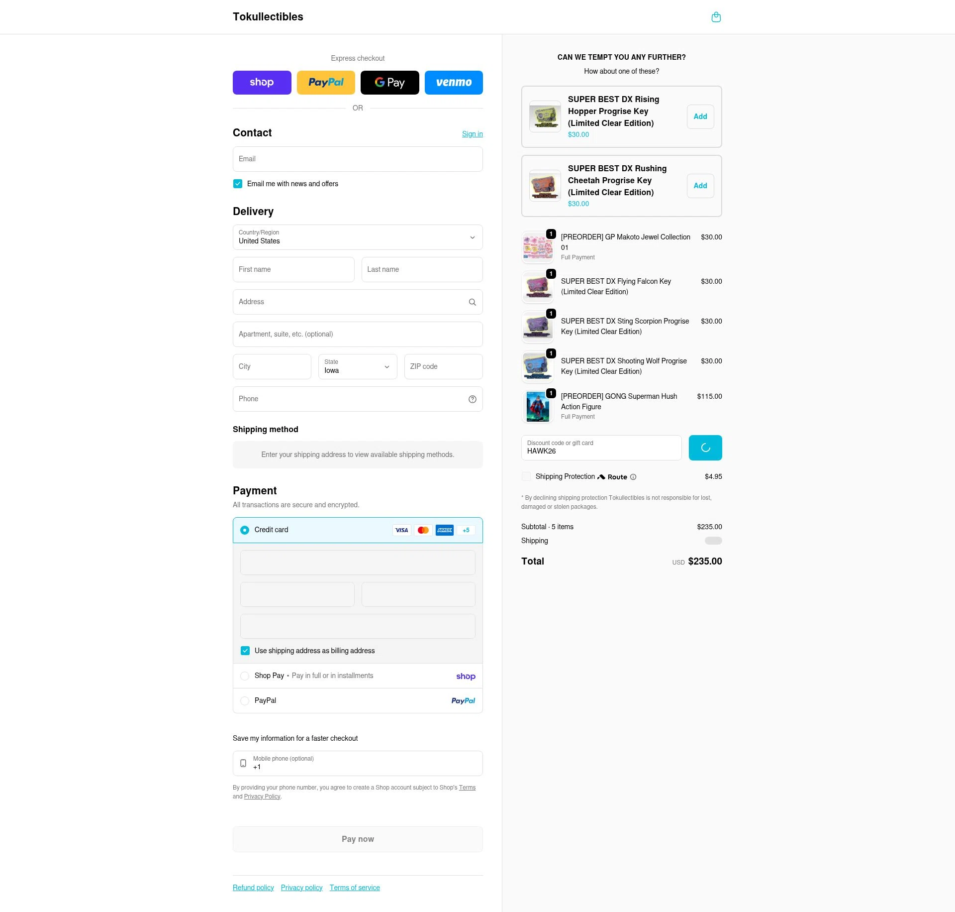 Tokullectibles checkout page showing Tokullectibles discount code box | Screenshot taken by SimplyCodes community member on Feb 4, 2026
