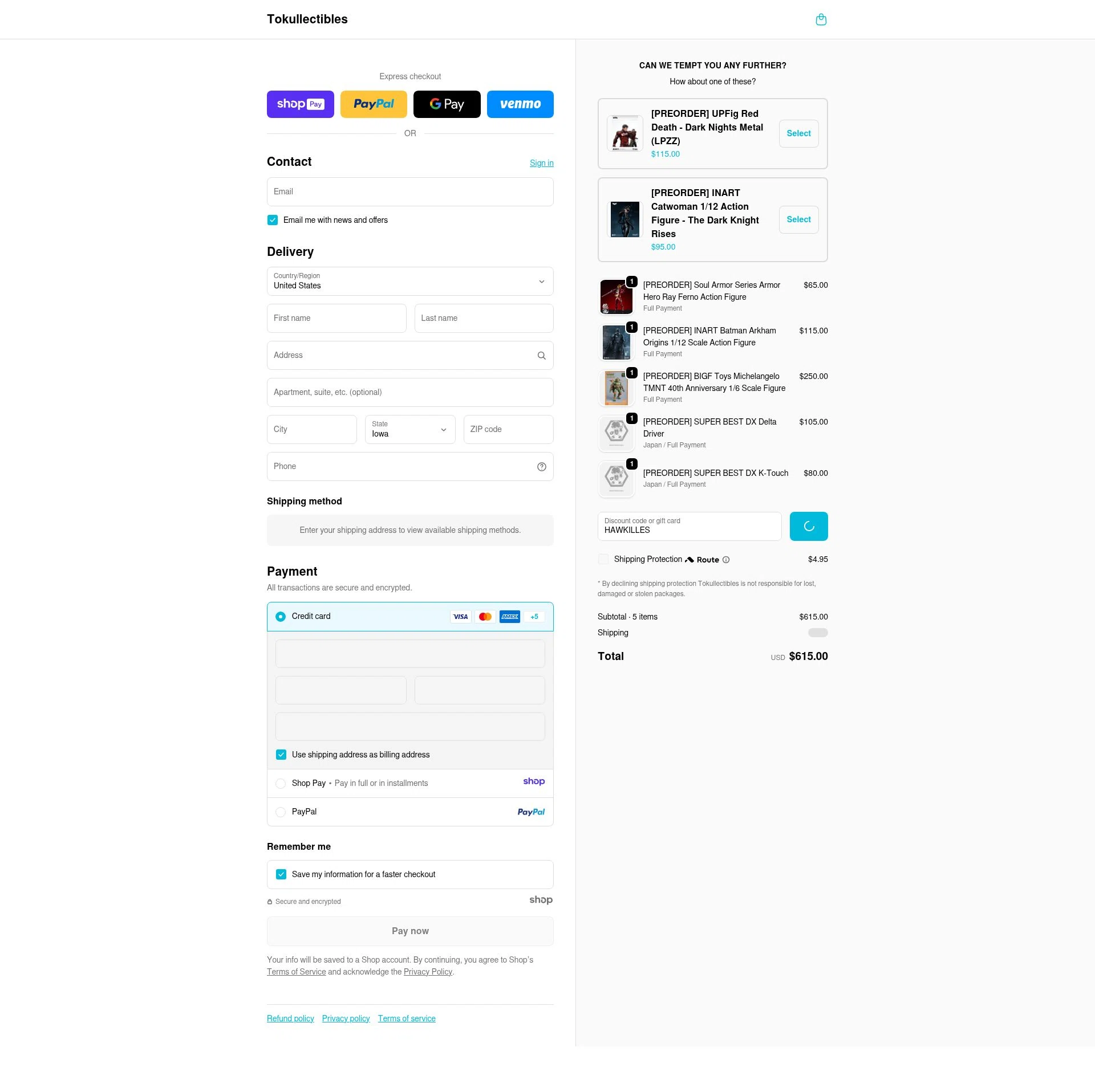 Tokullectibles checkout page showing Tokullectibles discount code box | Screenshot taken by SimplyCodes community member on Jan 7, 2026