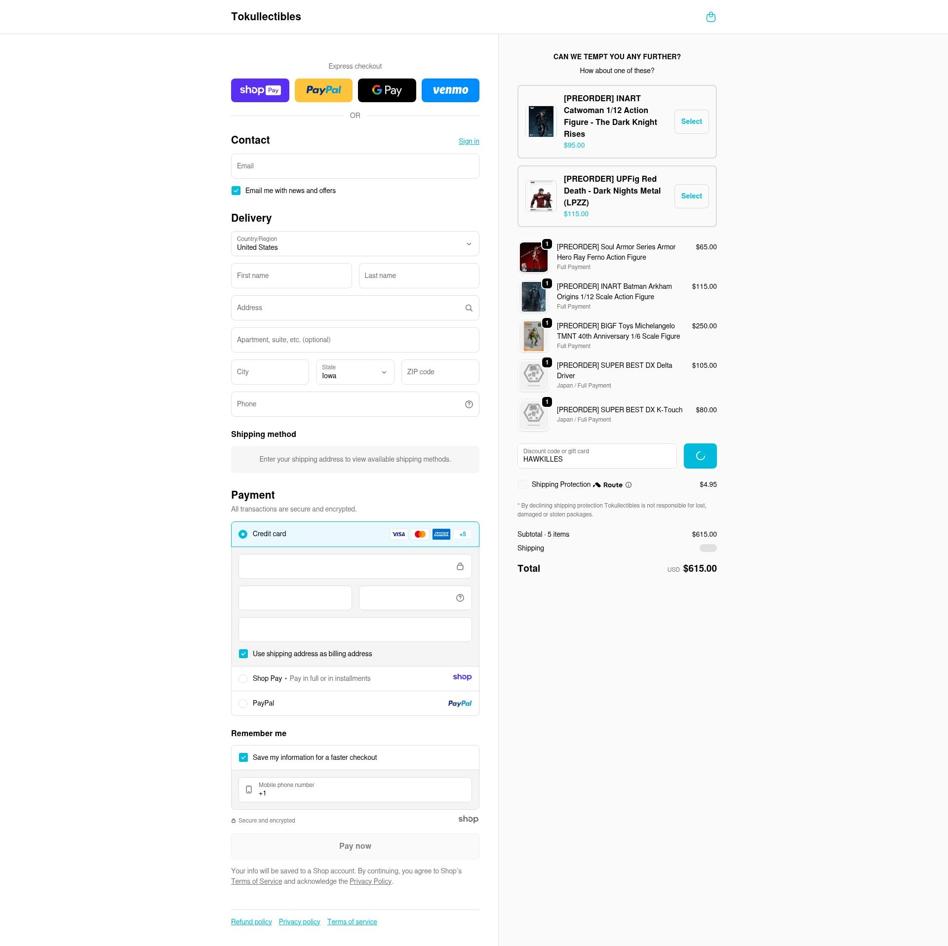 Tokullectibles checkout page showing Tokullectibles discount code box | Screenshot taken by SimplyCodes community member on Jan 12, 2026
