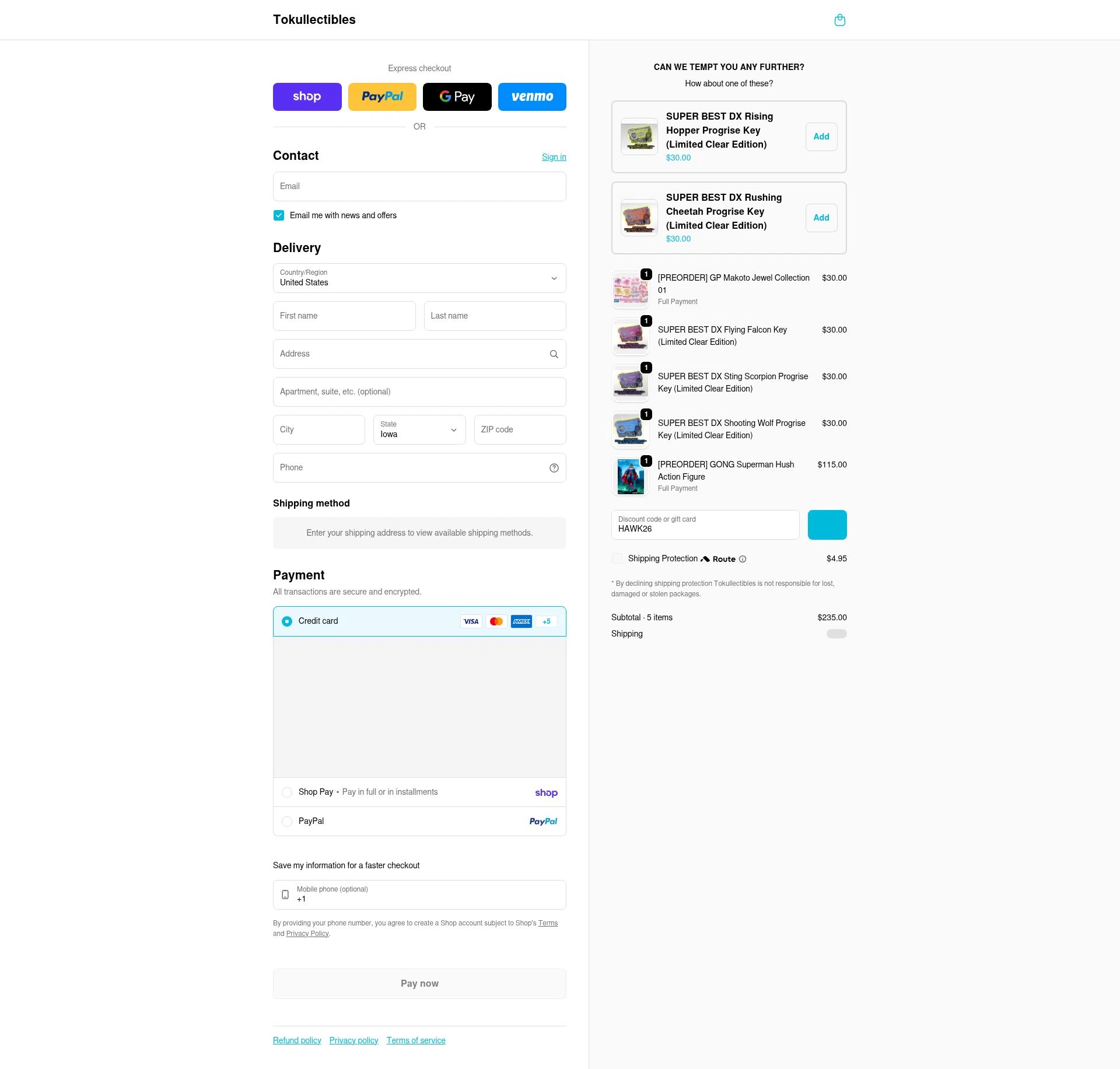 Tokullectibles checkout page showing Tokullectibles discount code box | Screenshot taken by SimplyCodes community member on Jan 31, 2026