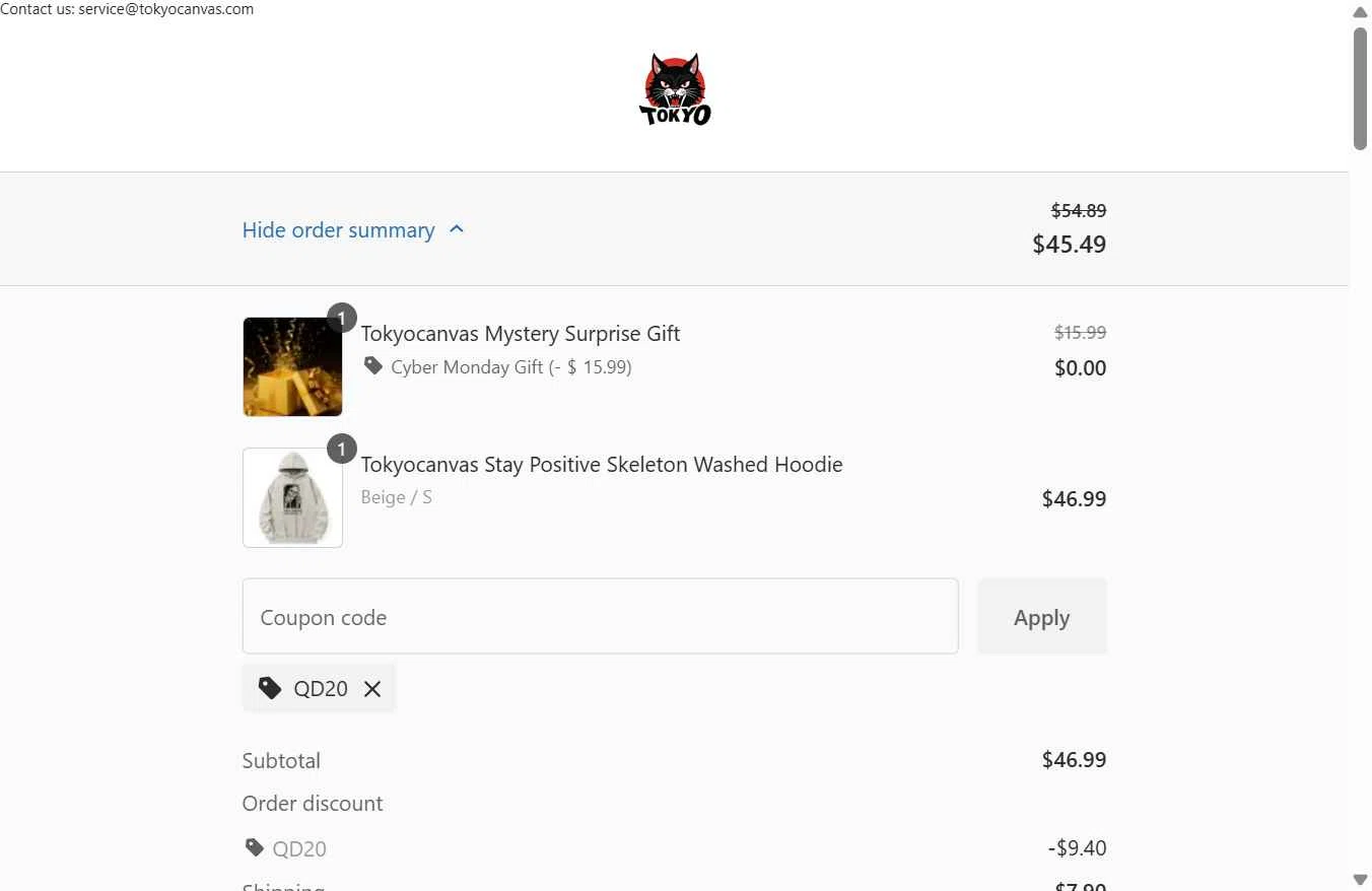 Tokyocanvas checkout page showing Tokyocanvas promo code box | Screenshot taken by SimplyCodes community member on Dec 1, 2025