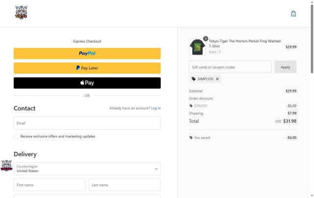 Tokyo-Tiger checkout page showing Tokyo-Tiger promo code box | Screenshot taken by SimplyCodes community member on Sep 3, 2025