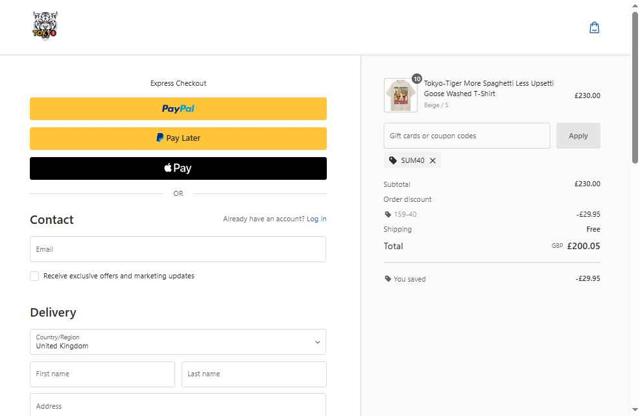 Tokyo-Tiger checkout page showing Tokyo-Tiger promo code box | Screenshot taken by SimplyCodes community member on Aug 8, 2025