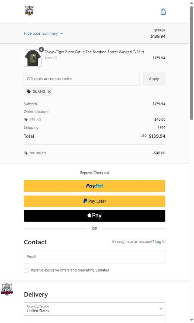 Tokyo-Tiger checkout page showing Tokyo-Tiger promo code box | Screenshot taken by SimplyCodes community member on Sep 6, 2025