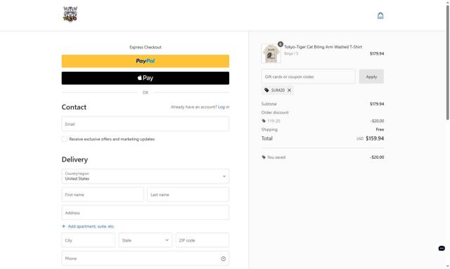 Tokyo-Tiger checkout page showing Tokyo-Tiger promo code box | Screenshot taken by SimplyCodes community member on Aug 8, 2025