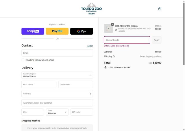 Toledo Zoo checkout page showing Toledo Zoo promo code box | Screenshot taken by SimplyCodes community member on Aug 9, 2025