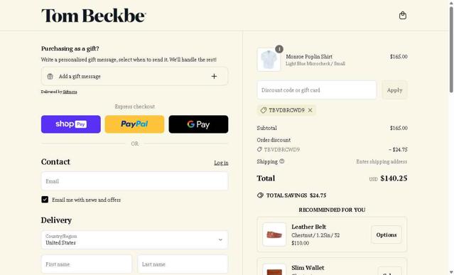 Tom Beckbe checkout page showing Tom Beckbe discount code box | Screenshot taken by SimplyCodes community member on Jun 26, 2025