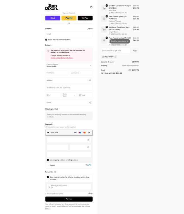 Tom Dixon checkout page showing Tom Dixon promo code box | Screenshot taken by SimplyCodes community member on Sep 25, 2025