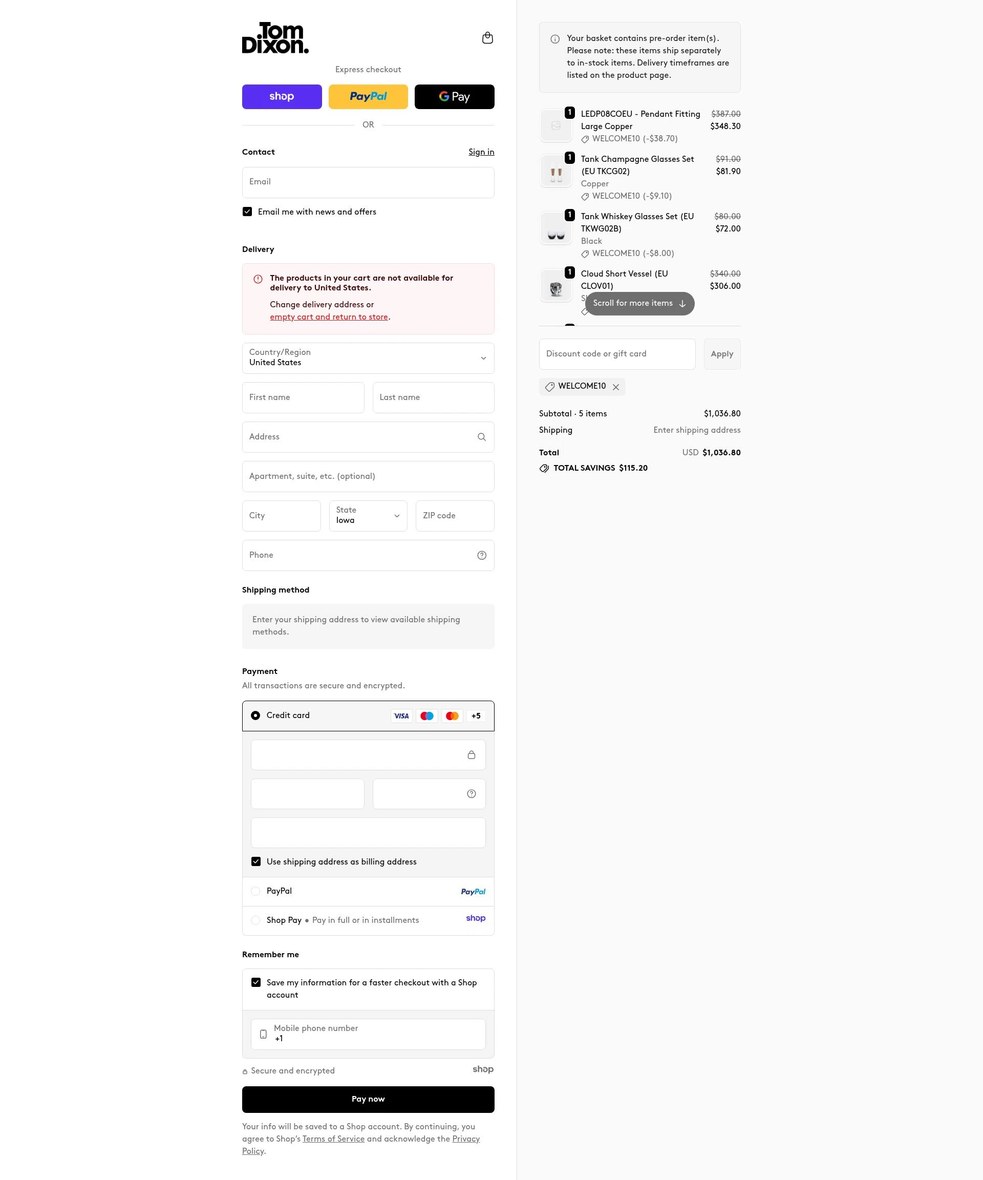 Tom Dixon checkout page showing Tom Dixon promo code box | Screenshot taken by SimplyCodes community member on Dec 6, 2025