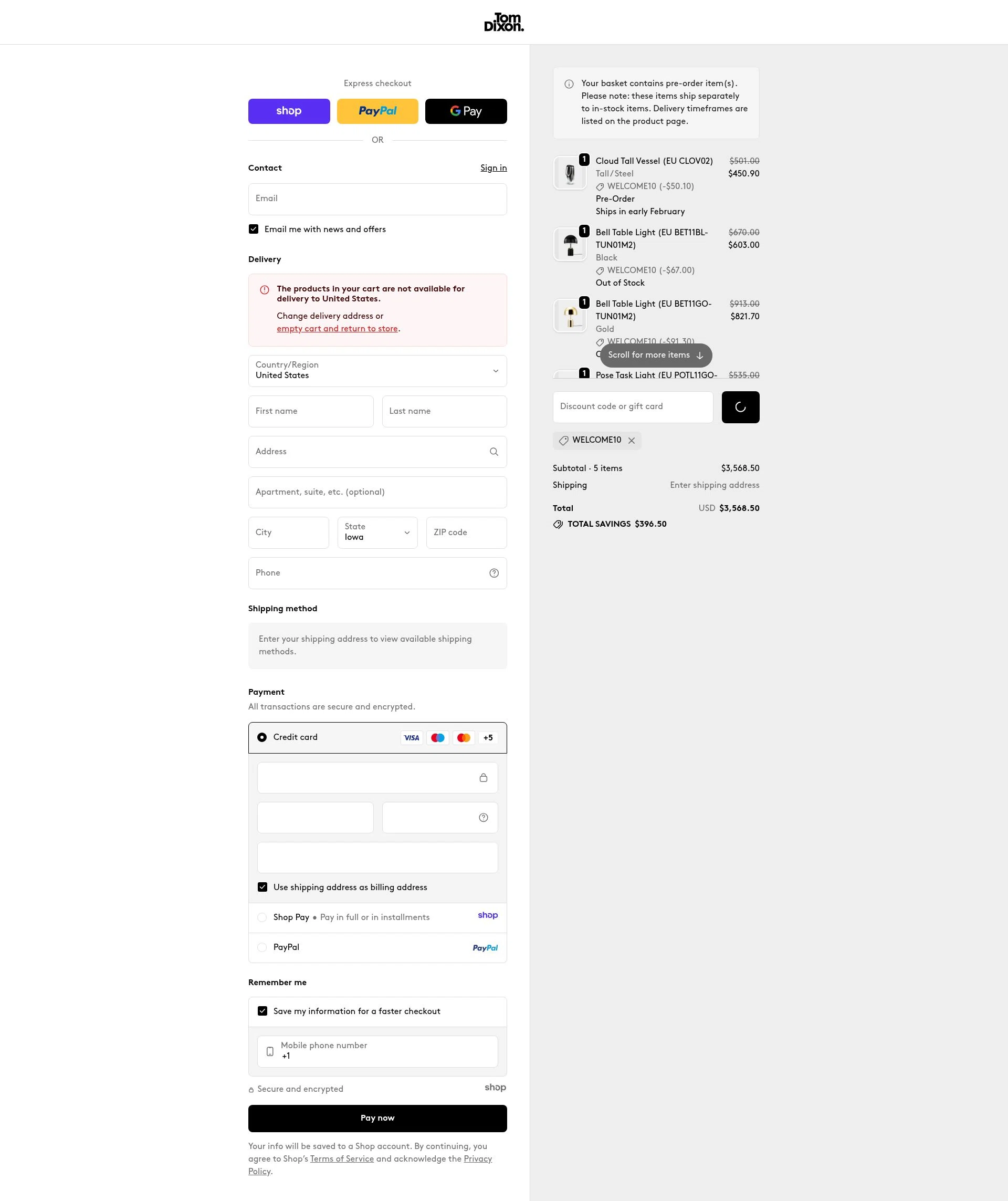 Tom Dixon checkout page showing Tom Dixon promo code box | Screenshot taken by SimplyCodes community member on Dec 24, 2025