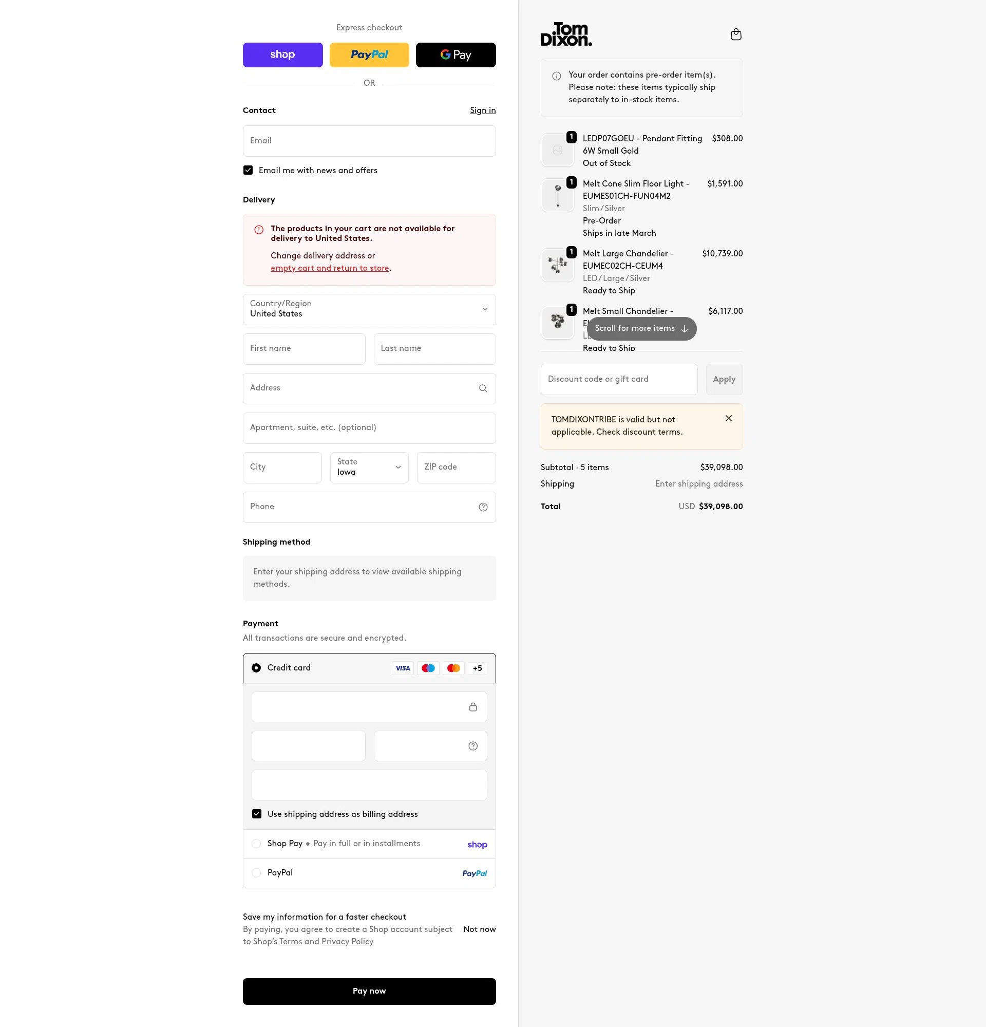 Tom Dixon checkout page showing Tom Dixon promo code box | Screenshot taken by SimplyCodes community member on Feb 14, 2026