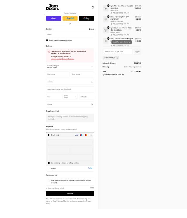 Tom Dixon checkout page showing Tom Dixon promo code box | Screenshot taken by SimplyCodes community member on Sep 21, 2025