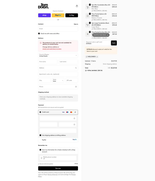Tom Dixon checkout page showing Tom Dixon promo code box | Screenshot taken by SimplyCodes community member on Sep 29, 2025