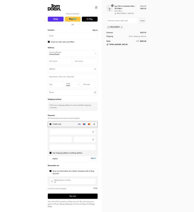 Tom Dixon checkout page showing Tom Dixon promo code box | Screenshot taken by SimplyCodes community member on Sep 12, 2025