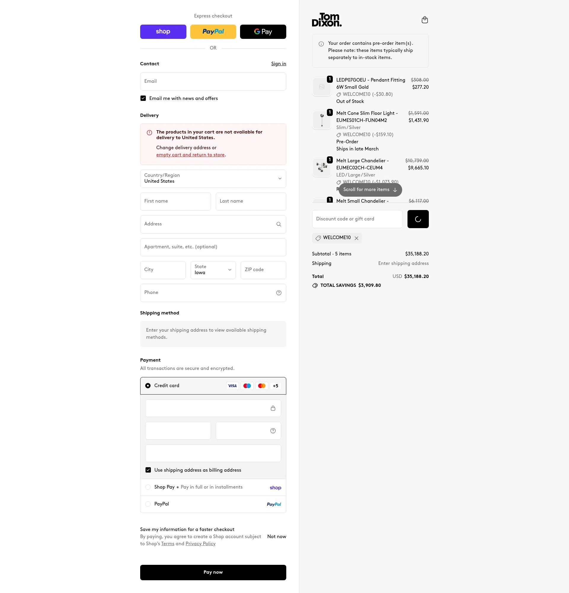 Tom Dixon checkout page showing Tom Dixon promo code box | Screenshot taken by SimplyCodes community member on Feb 14, 2026