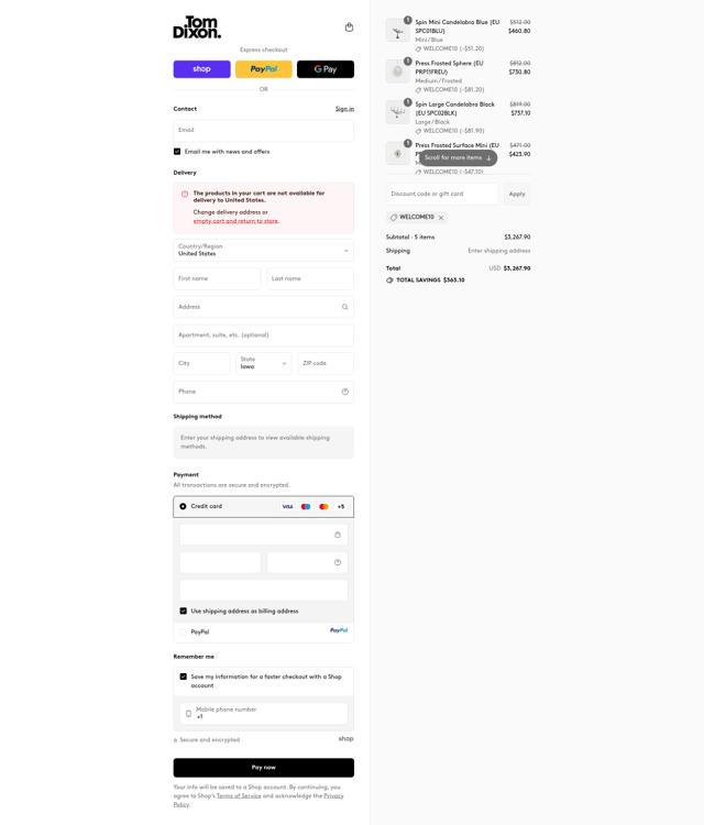 Tom Dixon checkout page showing Tom Dixon promo code box | Screenshot taken by SimplyCodes community member on Sep 17, 2025
