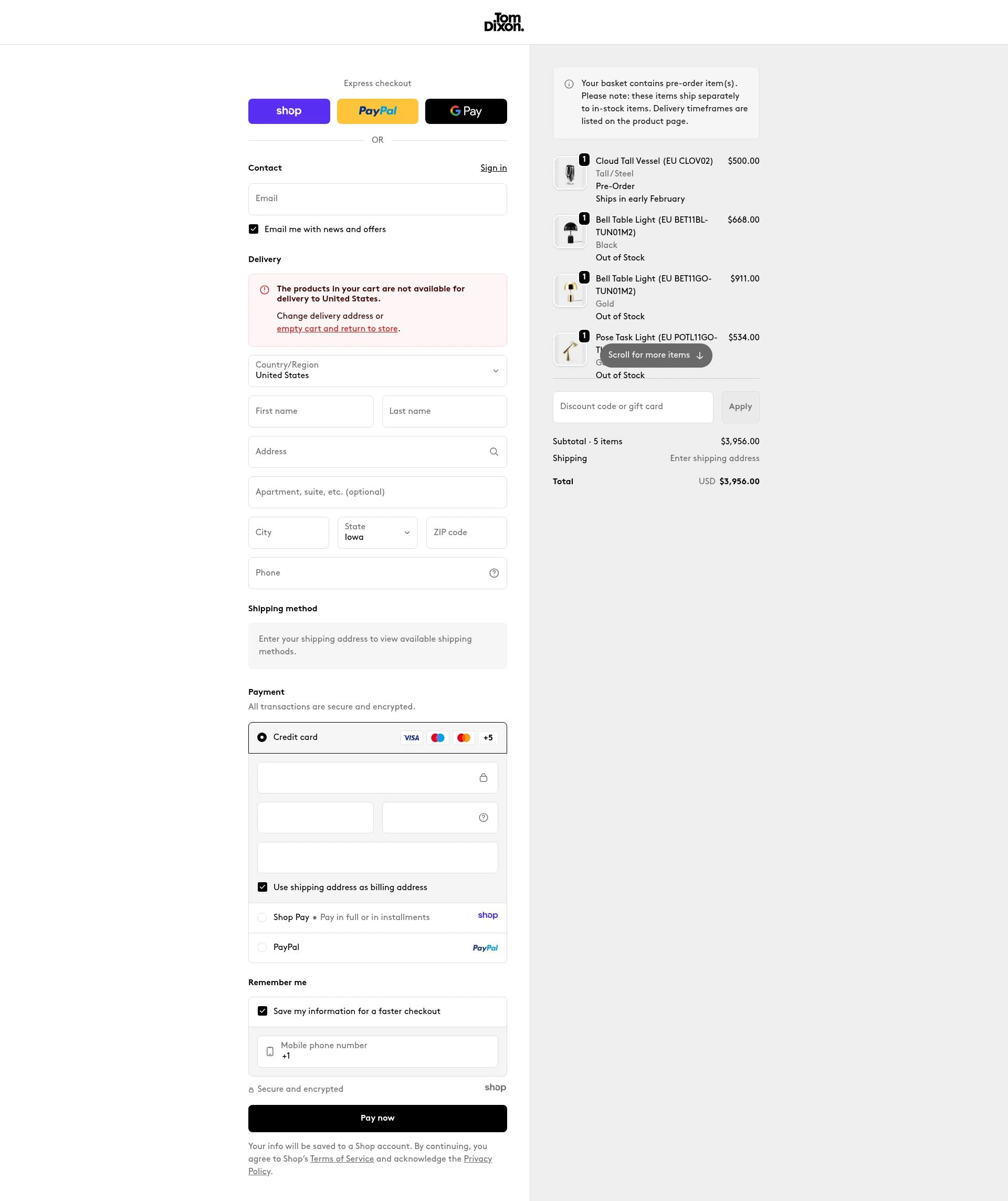 Tom Dixon checkout page showing Tom Dixon promo code box | Screenshot taken by SimplyCodes community member on Dec 29, 2025