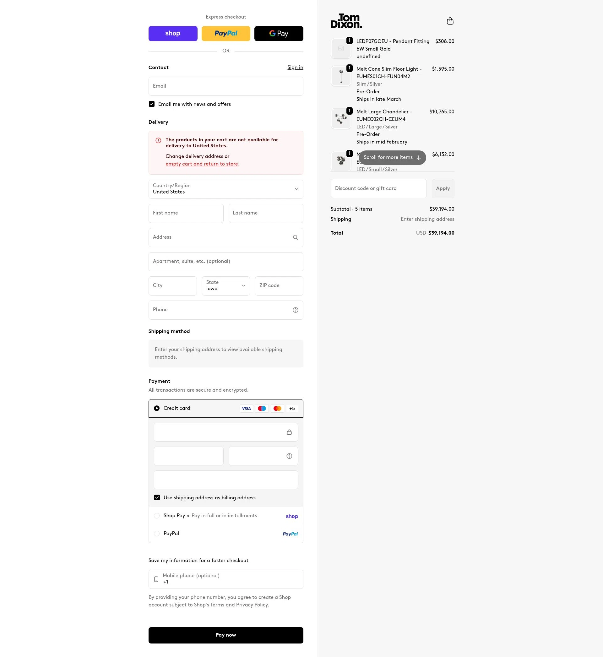 Tom Dixon checkout page showing Tom Dixon promo code box | Screenshot taken by SimplyCodes community member on Feb 1, 2026