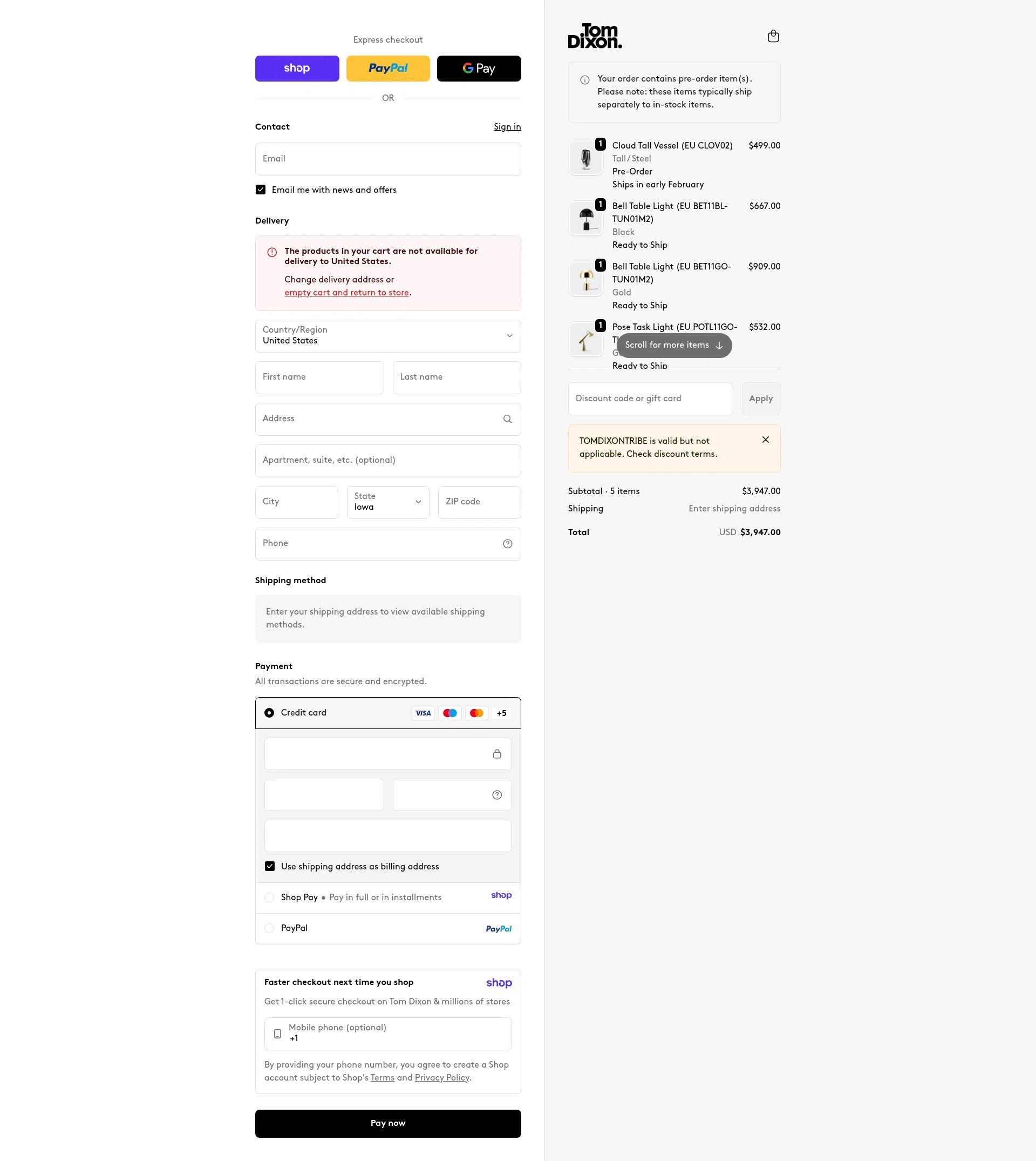 Tom Dixon checkout page showing Tom Dixon promo code box | Screenshot taken by SimplyCodes community member on Jan 13, 2026