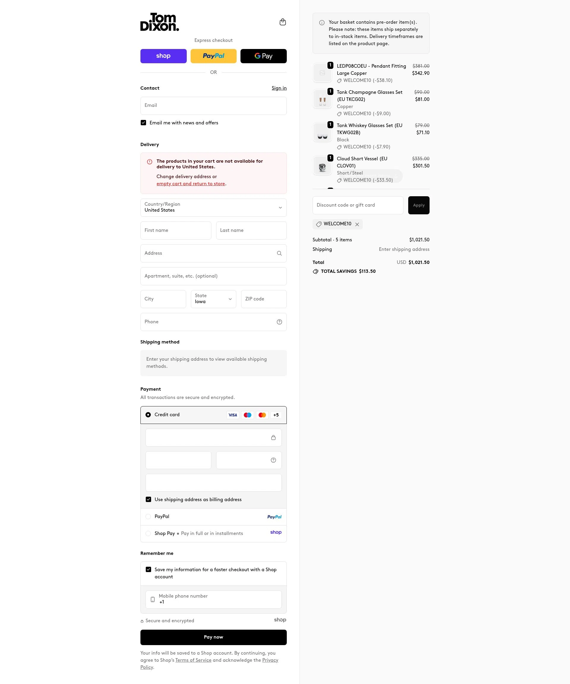 Tom Dixon checkout page showing Tom Dixon promo code box | Screenshot taken by SimplyCodes community member on Nov 25, 2025