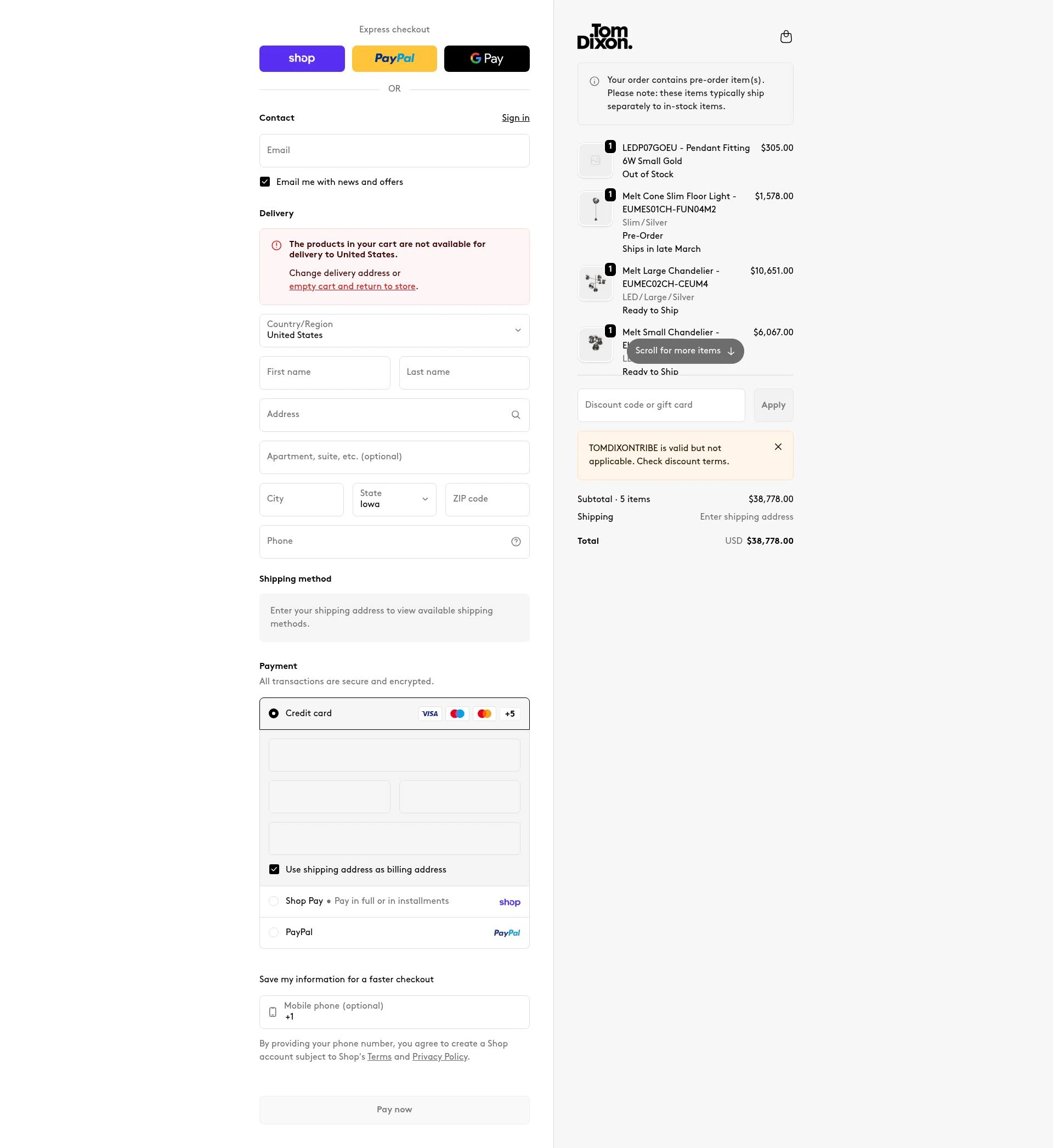 Tom Dixon checkout page showing Tom Dixon promo code box | Screenshot taken by SimplyCodes community member on Feb 5, 2026