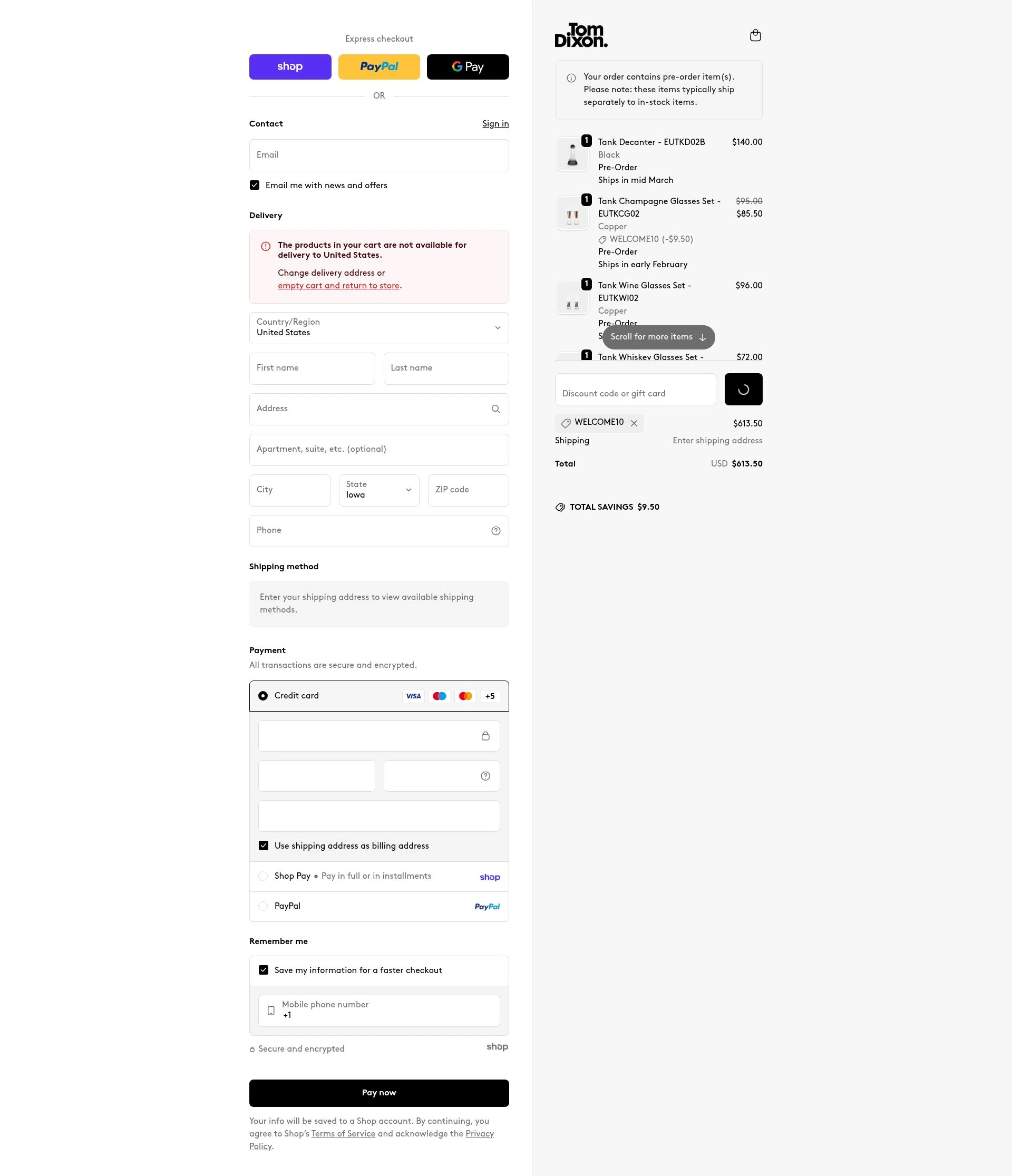 Tom Dixon checkout page showing Tom Dixon promo code box | Screenshot taken by SimplyCodes community member on Jan 27, 2026