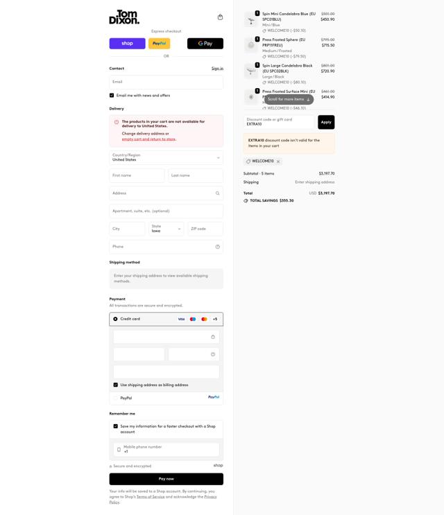 Tom Dixon checkout page showing Tom Dixon promo code box | Screenshot taken by SimplyCodes community member on Sep 25, 2025