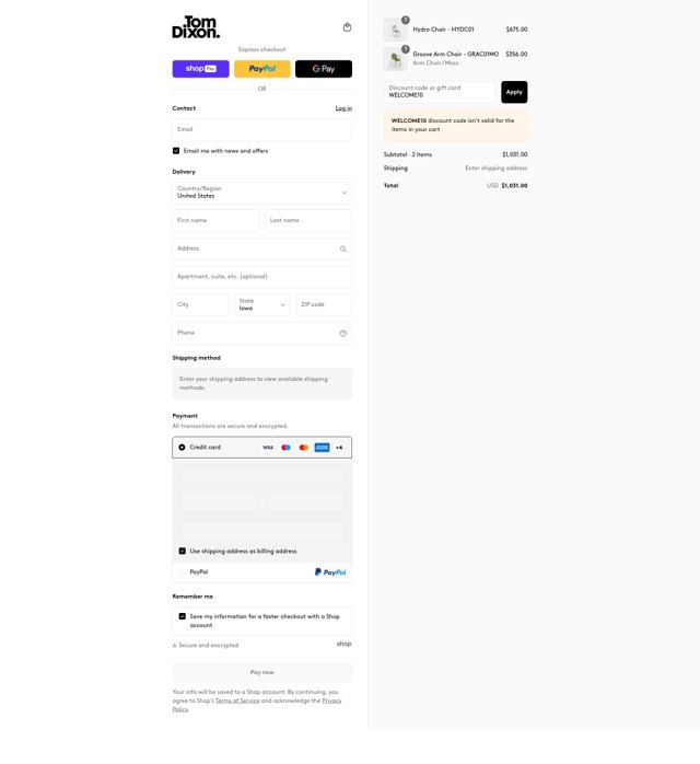 Tom Dixon checkout page showing Tom Dixon promo code box | Screenshot taken by SimplyCodes community member on Jul 28, 2025