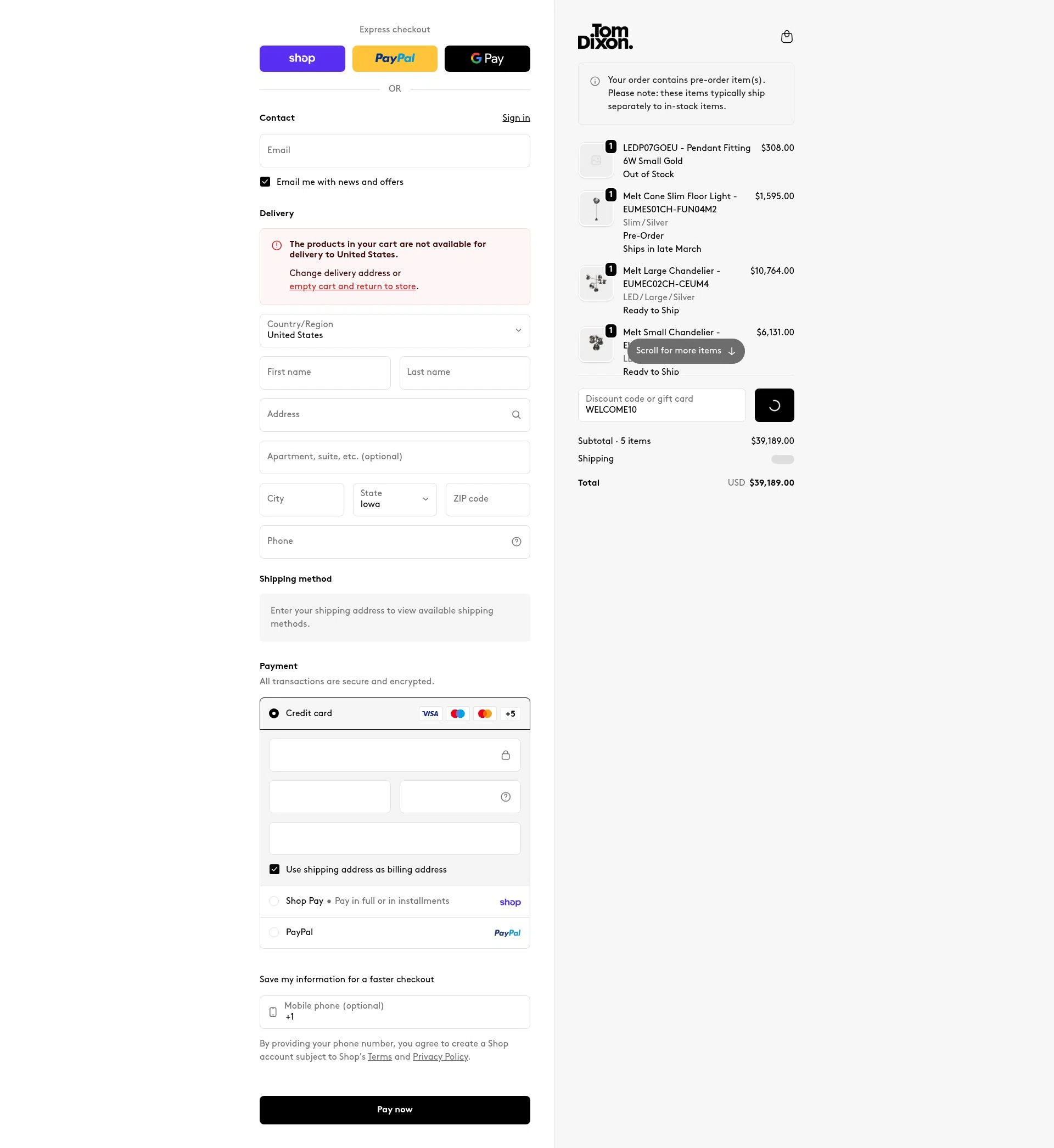 Tom Dixon checkout page showing Tom Dixon promo code box | Screenshot taken by SimplyCodes community member on Feb 10, 2026