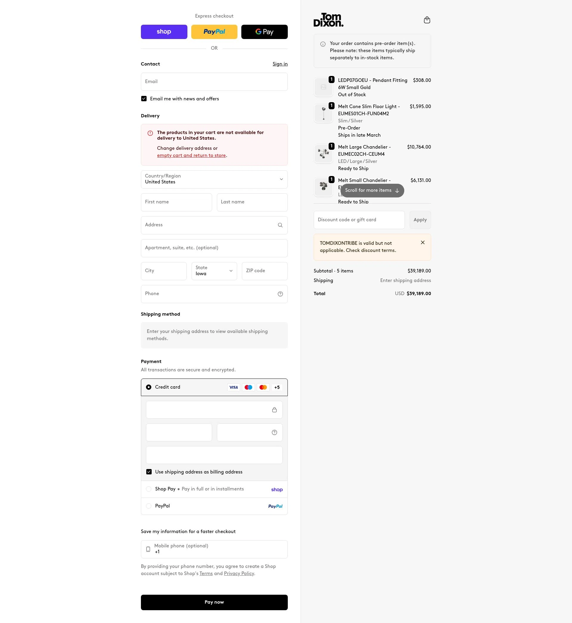 Tom Dixon checkout page showing Tom Dixon promo code box | Screenshot taken by SimplyCodes community member on Feb 10, 2026
