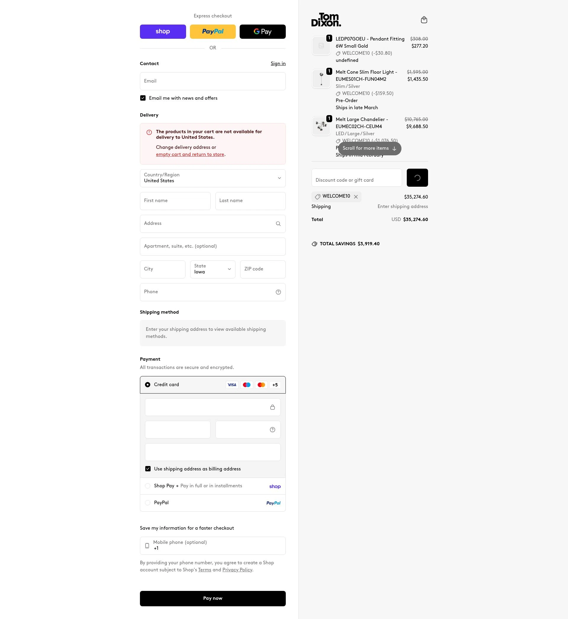Tom Dixon checkout page showing Tom Dixon promo code box | Screenshot taken by SimplyCodes community member on Feb 1, 2026