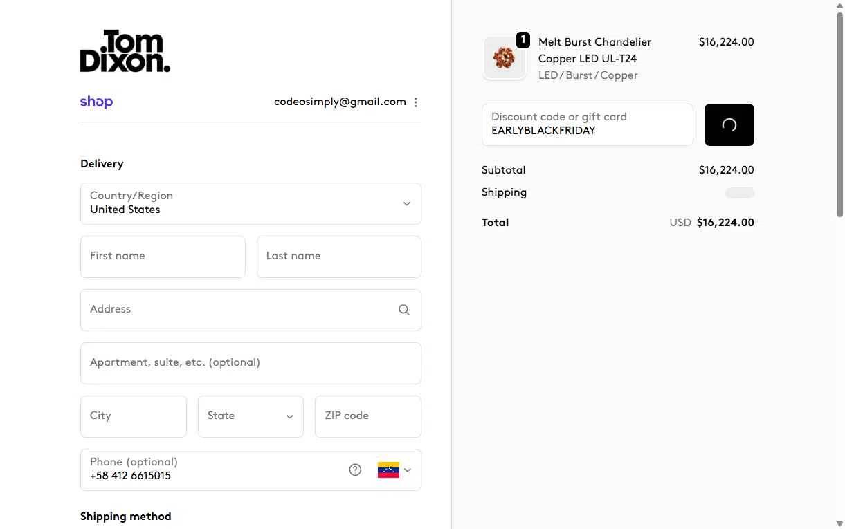 Tom Dixon checkout page showing Tom Dixon promo code box | Screenshot taken by SimplyCodes community member on Nov 20, 2025