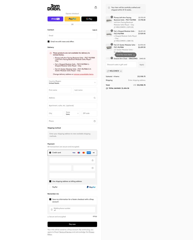 Tom Dixon checkout page showing Tom Dixon promo code box | Screenshot taken by SimplyCodes community member on Aug 9, 2025