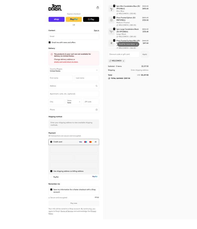 Tom Dixon checkout page showing Tom Dixon promo code box | Screenshot taken by SimplyCodes community member on Sep 29, 2025