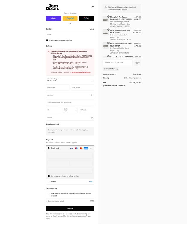 Tom Dixon checkout page showing Tom Dixon promo code box | Screenshot taken by SimplyCodes community member on Aug 13, 2025