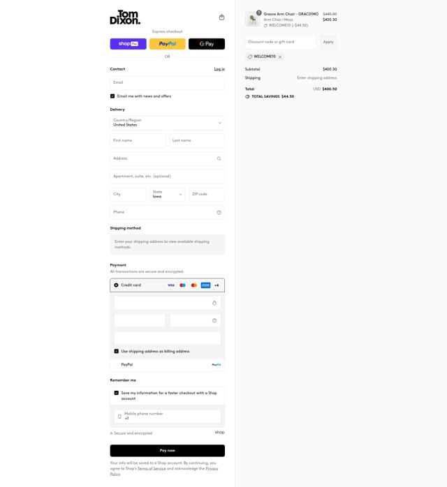 Tom Dixon checkout page showing Tom Dixon promo code box | Screenshot taken by SimplyCodes community member on Aug 17, 2025