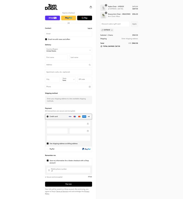Tom Dixon checkout page showing Tom Dixon promo code box | Screenshot taken by SimplyCodes community member on Jul 28, 2025