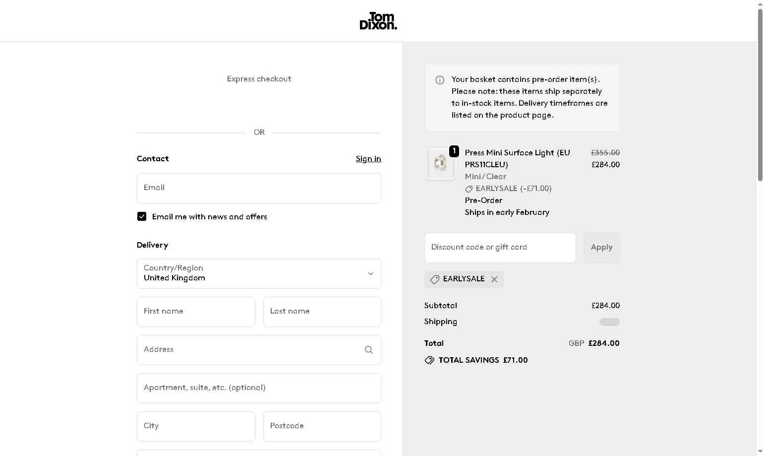 Tom Dixon checkout page showing Tom Dixon promo code box | Screenshot taken by SimplyCodes community member on Dec 20, 2025
