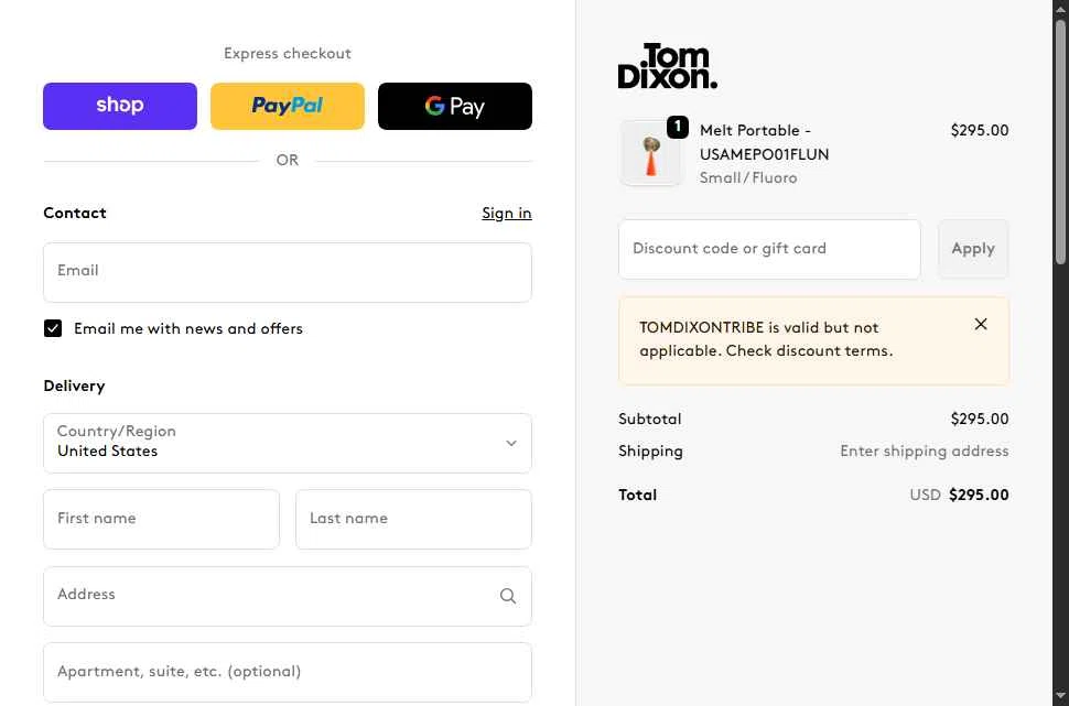 Tom Dixon checkout page showing Tom Dixon promo code box | Screenshot taken by SimplyCodes community member on Feb 14, 2026