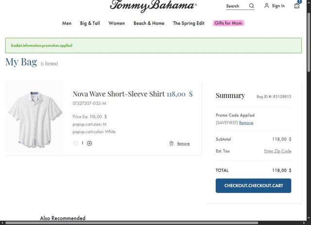 Tommy Bahama checkout page showing Tommy Bahama promo code box | Screenshot taken by SimplyCodes community member on Apr 29, 2025